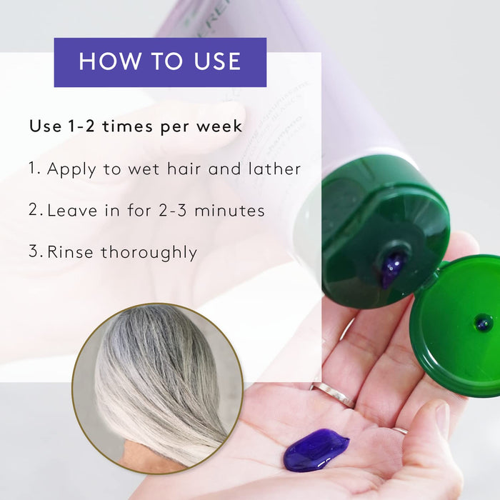 Use Rene Furterer Okara Silver Toning Shampoo 1-2 times per week by applying to wet hair and lathering throughout the hair for 2-3 minutes. Then rinse thoroughly.