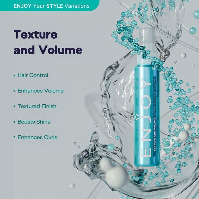 Blue bottle labeled 'ENJOY Texture and Volume' with water droplets and text about hair product features on a gray background