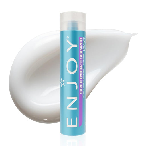 Shampoo bottle with 'ENJOY Super Hydrate Shampoo' branding on a white background