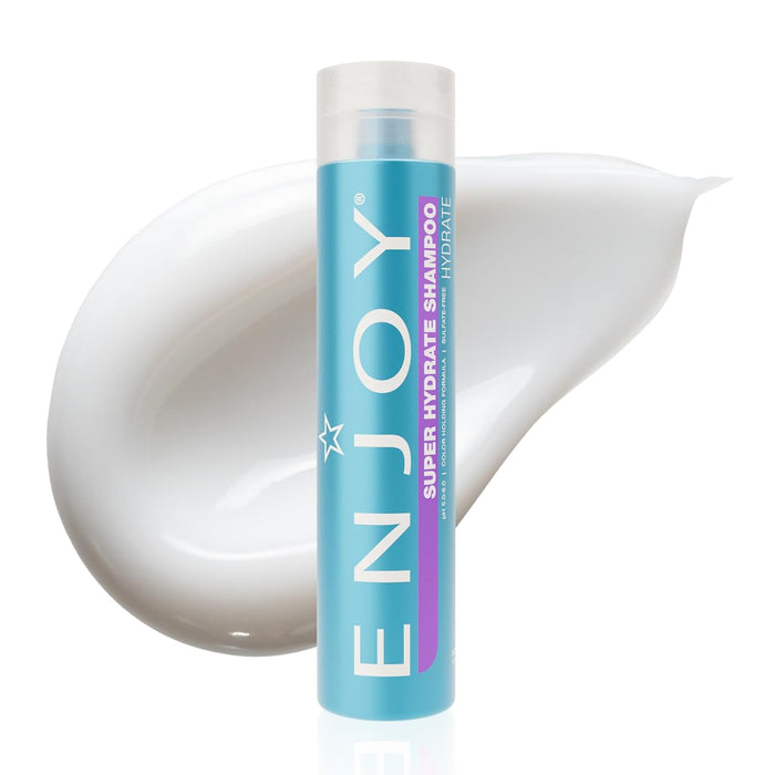 Shampoo bottle with 'ENJOY Super Hydrate Shampoo' branding on a white background