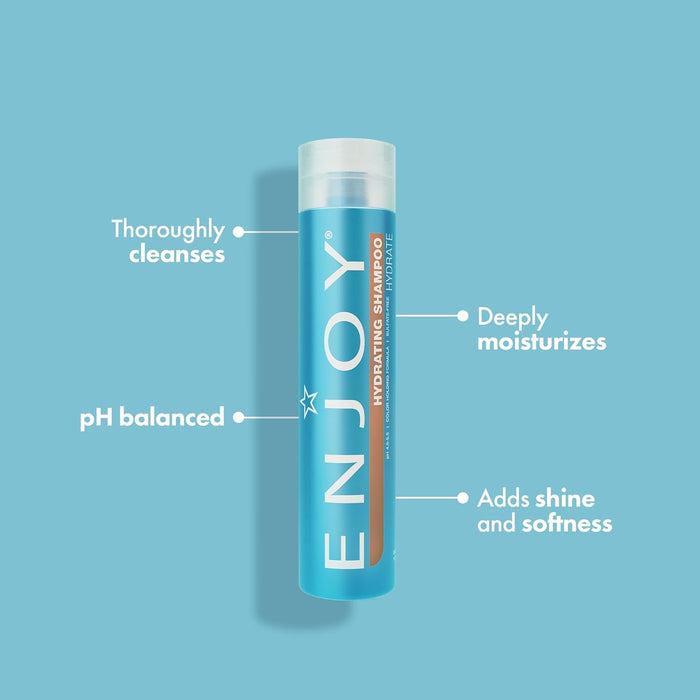 'ENJOY Hydrating Shampoo' with text on a light blue background