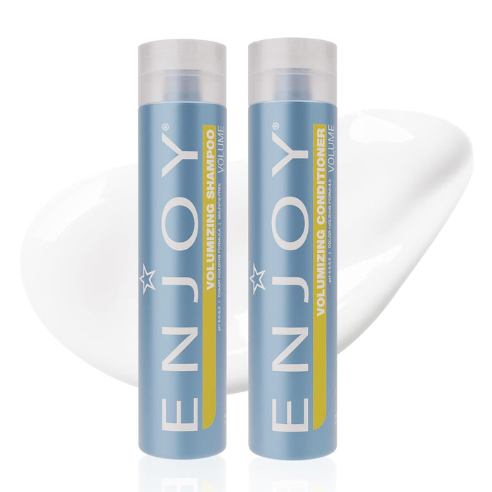 Two bottles of ENJOY volumizing shampoo and conditioner on a white background