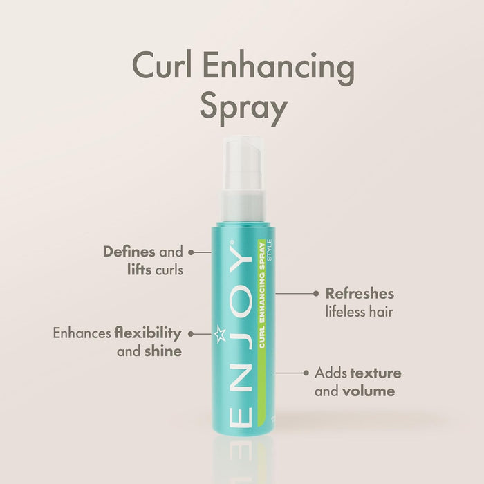 ENJOY Curl Enhancing Spray bottle with text highlighting its benefits on a light beige background