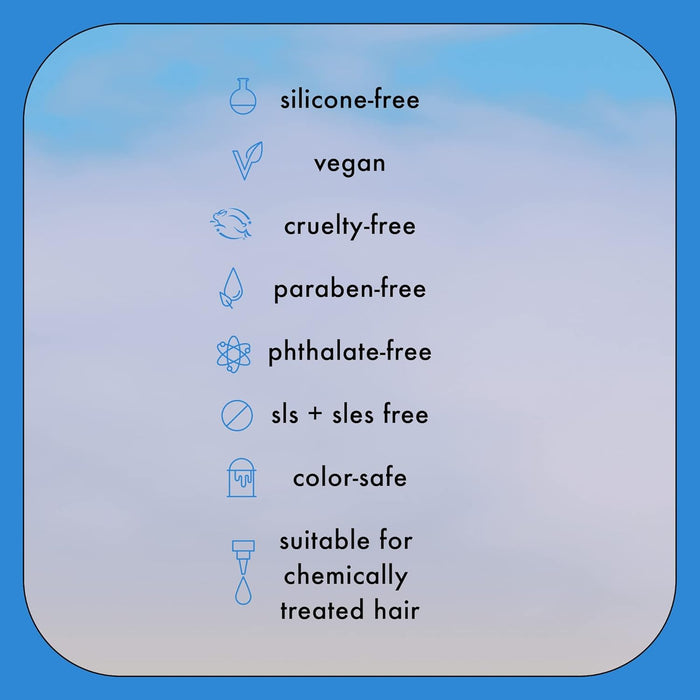 List of product features including silicone-free, vegan, cruelty-free, paraben-free, phthalate-free, sls + sles free, color-safe, and suitable for chemically treated hair on a blue gradient background.