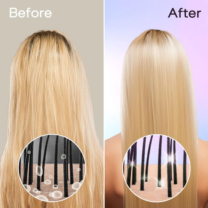 Before and after comparison of hair treatment showing a person with straight, blonde hair.