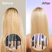 Before and after comparison of hair treatment showing a person with straight, blonde hair.