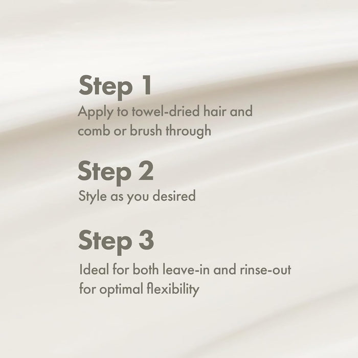 Text instructions for hair care product application on a neutral background