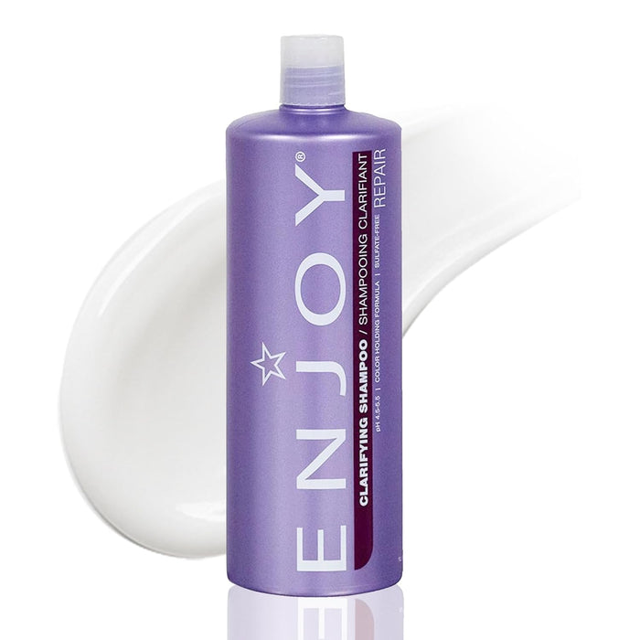 33oz.. Clarifying shampoo in a purple shampoo bottle with white cap on a white background