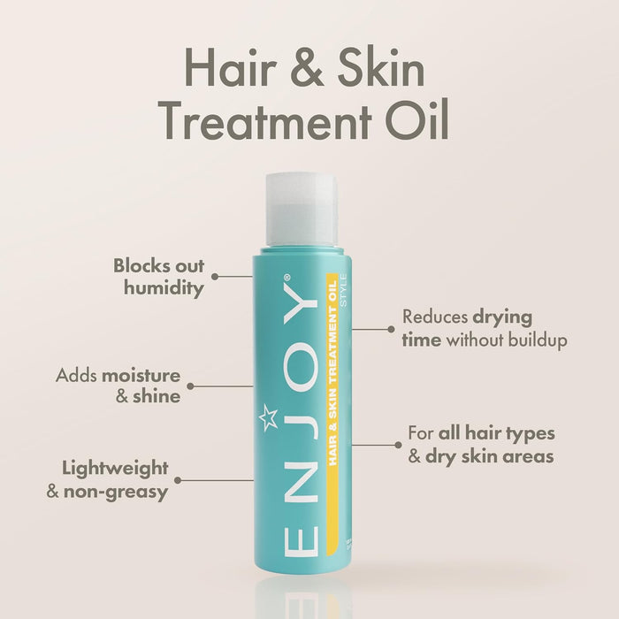 ENJOY Hair & Skin Treatment Oil bottle with features listed on a beige background
