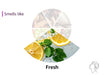 Scent wheel with lemon and mint elements labeled 'Smells like Fresh'.