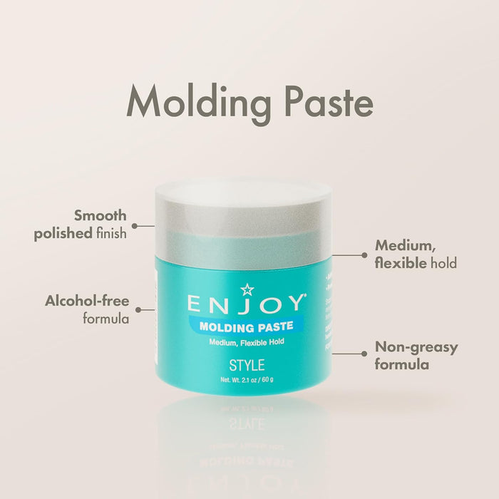 Jar of Enjoy Molding Paste with features listed on a light gray background