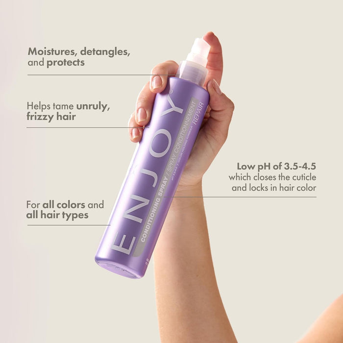 Hand holding a purple bottle labeled 'ENJOY Conditioning Spray' against a light background