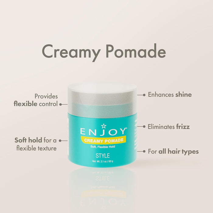Container of Enjoy Creamy Pomade with features listed on a light gray background