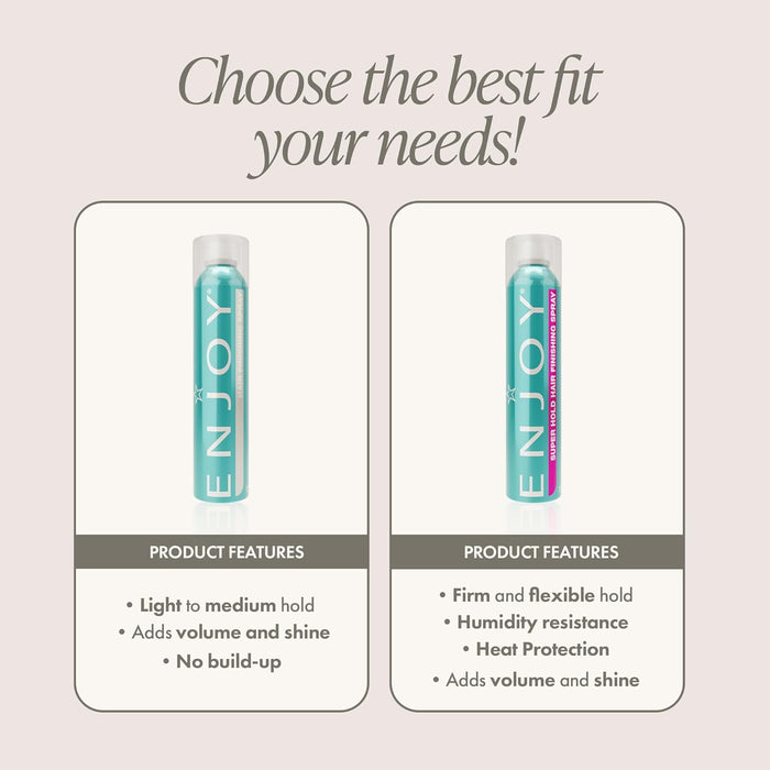 Two bottles of 'ENJOY' hair product with feature descriptions on a light pink background.