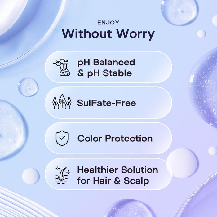Product features on a blue background with bubbles