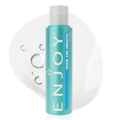 Bottle of 'ENJOY Shine and Smooth' hair product with a white cap on a white background