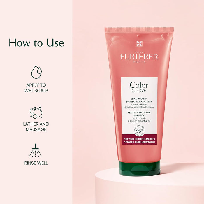 Furterer Color Glow shampoo tube with usage instructions on a pink background