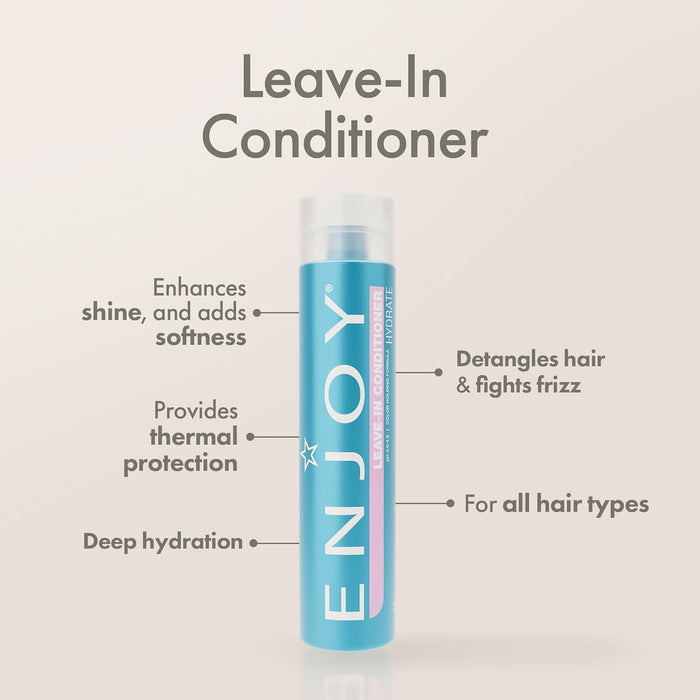 ENJOY leave-in conditioner bottle with text highlighting its benefits on a light beige background