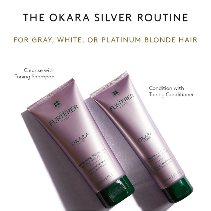Rene Furterer Okara Silver routine utilizes shampoo and conditioner for gray, white or platinum blonde hair