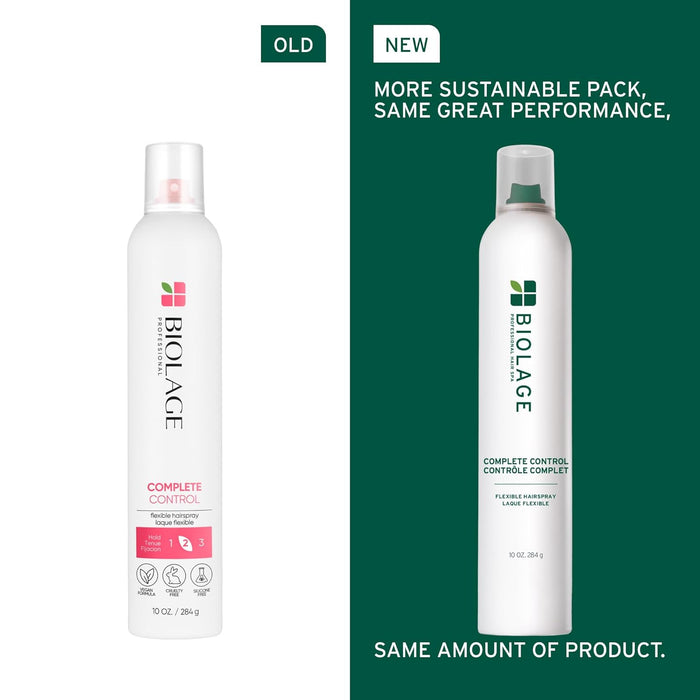 Old vs new packaging of Biolage Styling Complete Control Hairspray