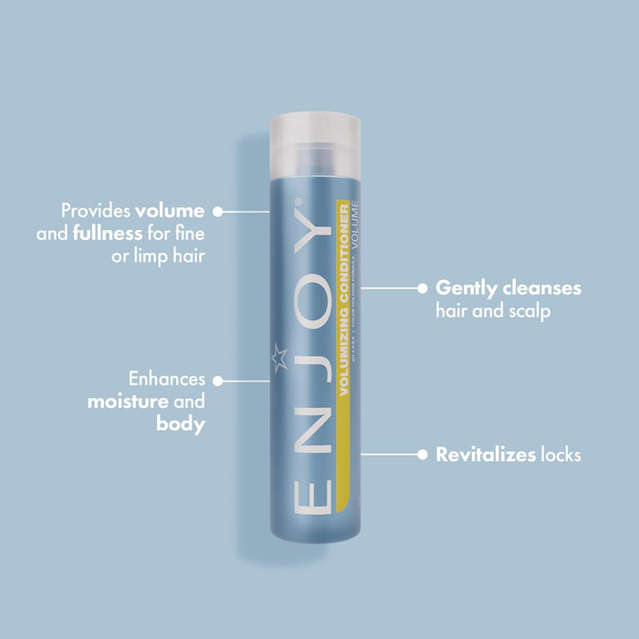 ENJOY volumizing conditioner bottle with text on a light blue background