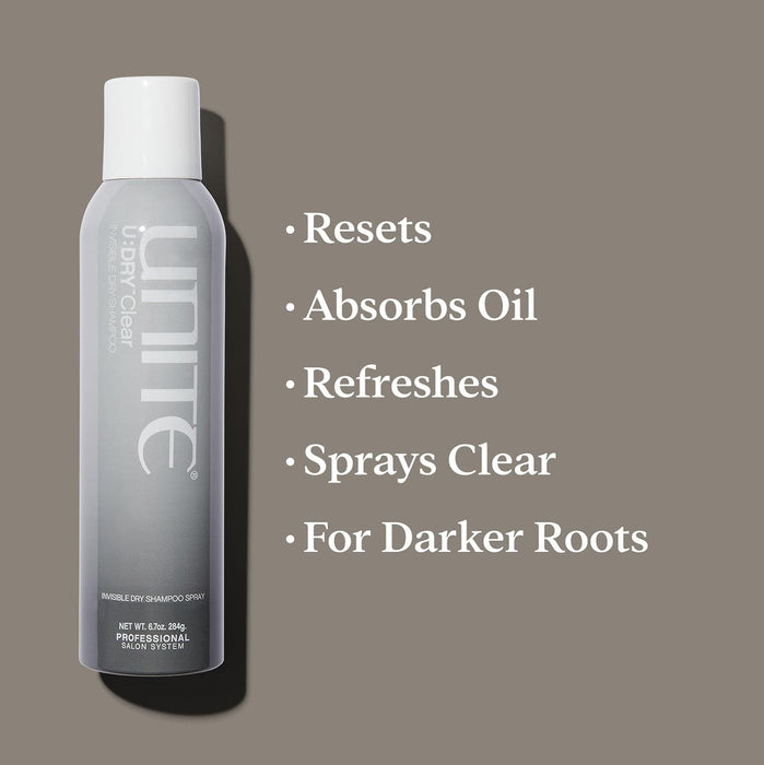Unite U:DRY Clear Dry Shampoo on a brown background with text of benefits