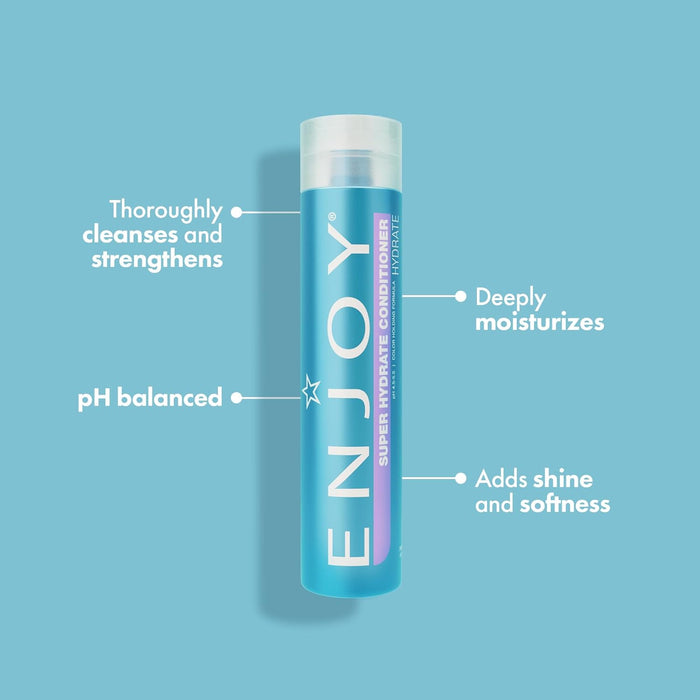 Blue bottle of ENJOY Super Hydrate Conditioner with text on a blue background