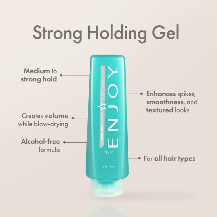 Turquoise bottle of ENJOY Strong Holding Gel with features listed on a beige background