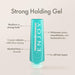 Turquoise bottle of ENJOY Strong Holding Gel with features listed on a beige background