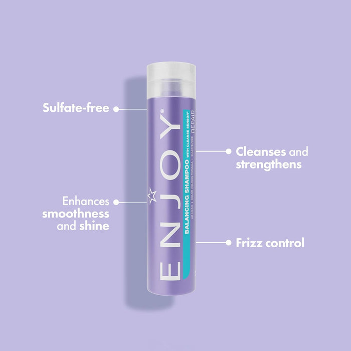 ENJOY shampoo bottle with text highlighting features on a purple background
