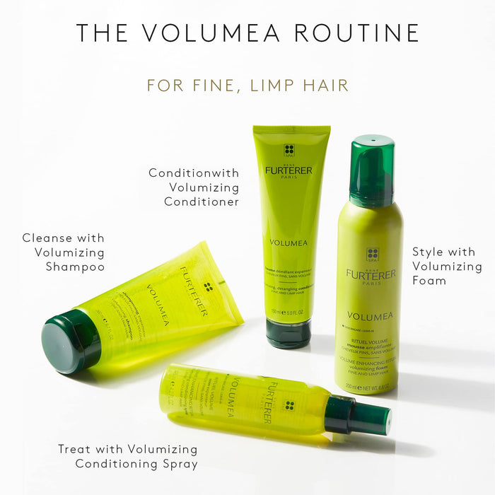 Rene Furterer Volume volumizing products routine includes shampoo, conditioner, volumizing foam and volumizing conditioning spray