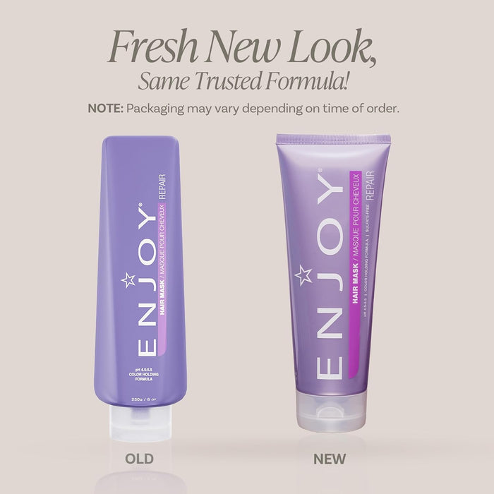 Two purple 'ENJOY' hair mask bottles, one labeled 'OLD' and the other 'NEW', on a beige background.