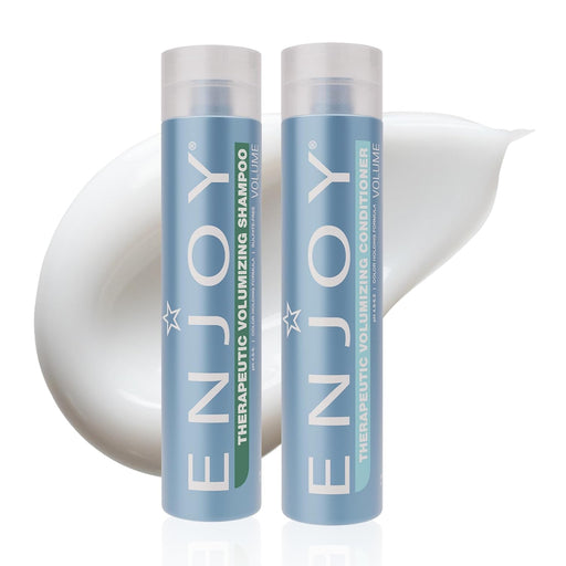 Two 'ENJOY' shampoo and conditioner bottles on a white background