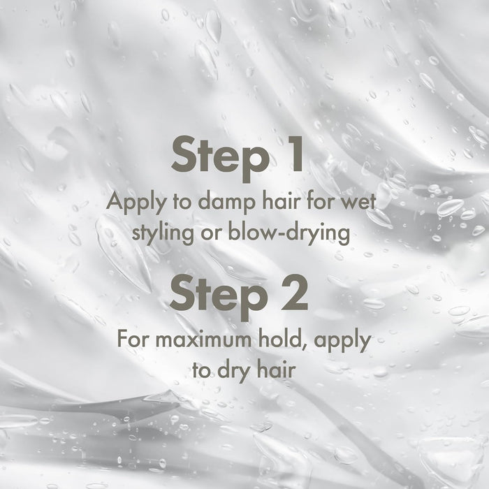 Text instructions for hair product application on a textured white background