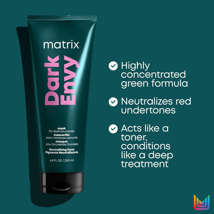 Matrix Total Results Dark Envy Red Neutralization Mask is a highly concentrated green formula that neutralizes red undertones. Acts like a toner, conditions like a deep treatment