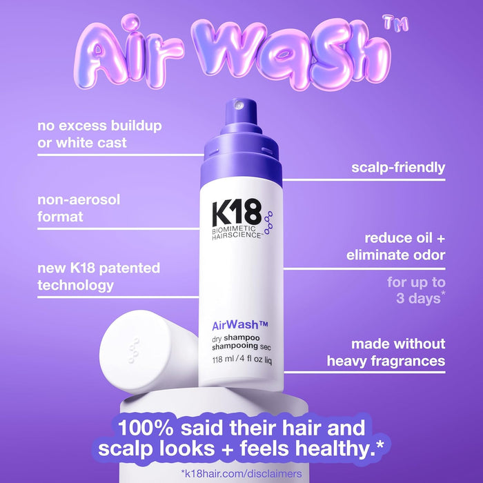 K18 Air Wash product on a purple background with text highlighting features