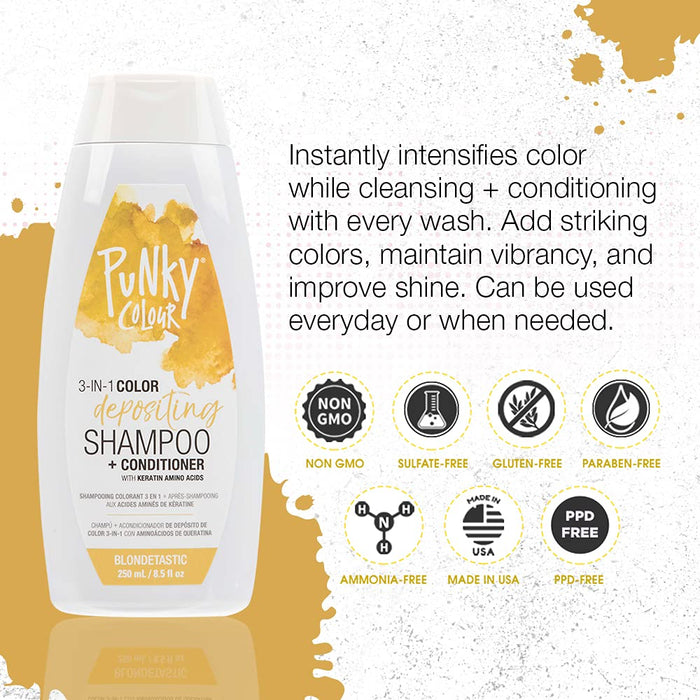 Punky Color Blondetastic 3 in 1 color depositing shampoo and conditioner benefits: Instantly intensifies color while cleansing and conditioning.  Add striking colors, maintain vibrancy, and improve shine. Non GMO, Free of sulfates, gluten, parabens, ammonia, and PPD. Made in USA 