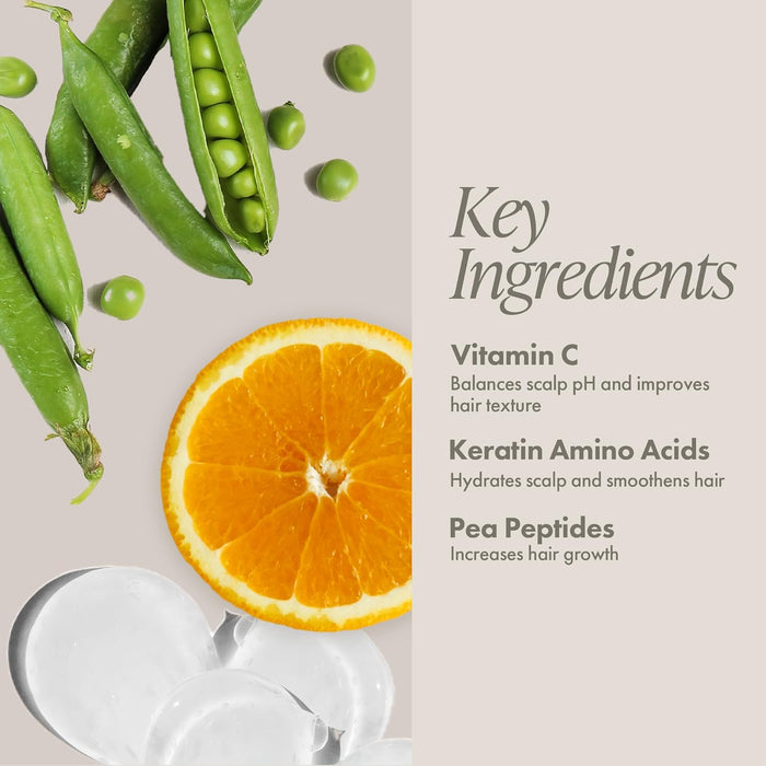 Green peas, orange slice, and white container with text on key ingredients for hair care.