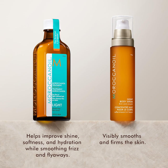 Two Moroccanoil products explaining the product benefits on a beige background