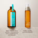 Two Moroccanoil products explaining the product benefits on a beige background