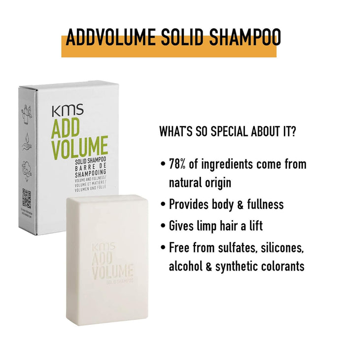 KMS Add Volume solid shampoo: 78% of ingredients come from natural origin, provides body and fullness, gives limp hair a lift, and free from sulfates, silicones, alcohol, and synthetic colorants