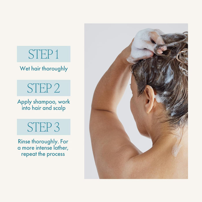 Person washing hair with shampoo, steps displayed on the left