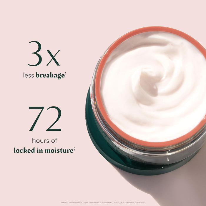 Jar of cream with text highlighting moisturizing benefits on a light pink background