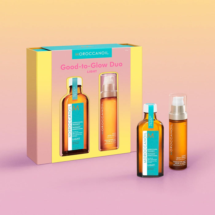 Moroccanoil Good-to-Glow Duo set on a gradient background