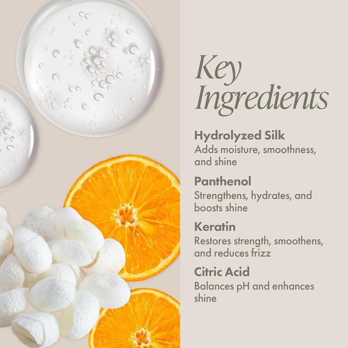Product ingredients with hydrolyzed silk, panthenol, keratin, and citric acid displayed alongside oranges and silk.