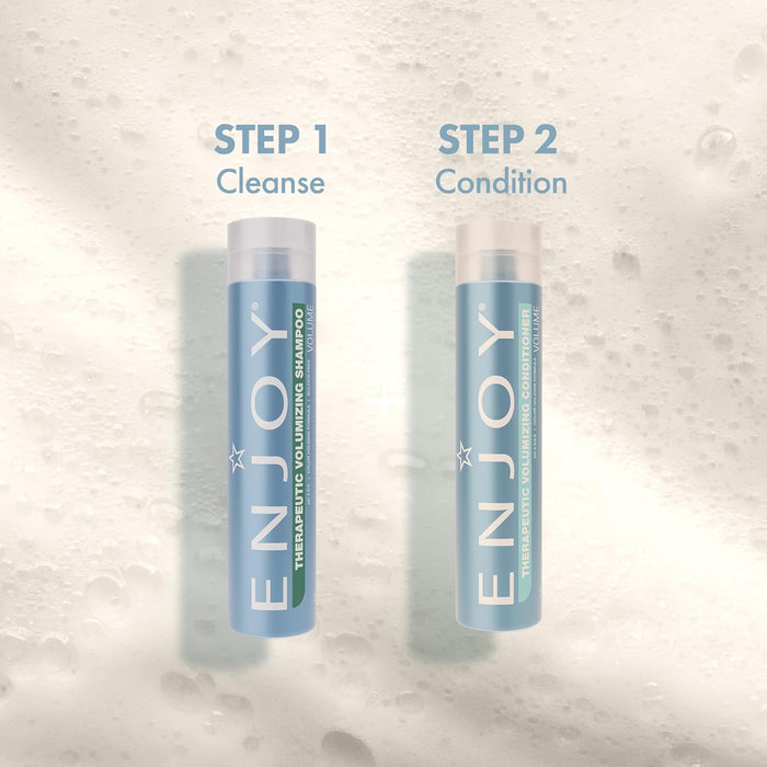 Two bottles of 'ENJOY' shampoo on a textured gray background with 'Step 1 Cleanse' and 'Step 2 Condition' text.