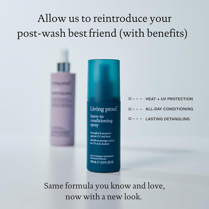 Living Proof hair care products on a light gray background with promotional text.