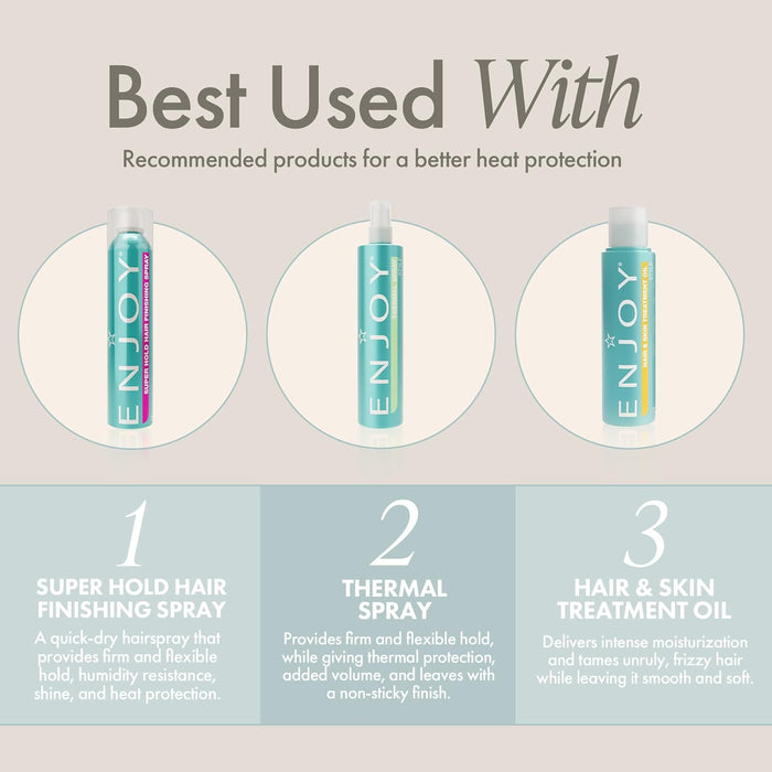 Product recommendations for heat protection with 'ENJOY' hair care products on a light gray background.