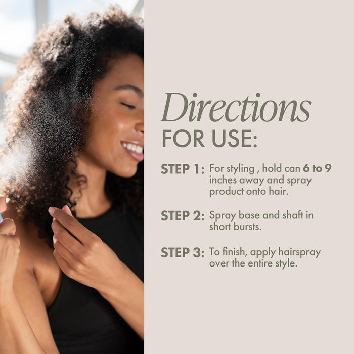 Woman with styled hair and hair product directions on a beige background