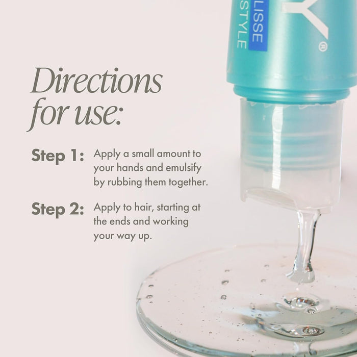 Bottle of hair product with application instructions on a white background